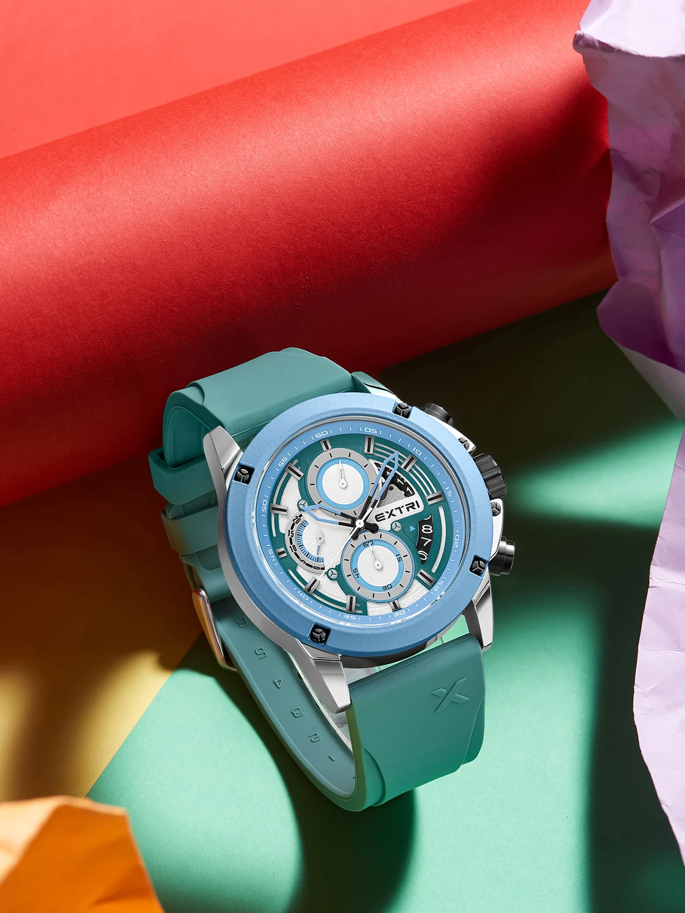 EXTRI jam tangan untuk pria, casing Biru Mode karet multifungsi enam Pointer kuarsa Relojes desain baru dengan kotak