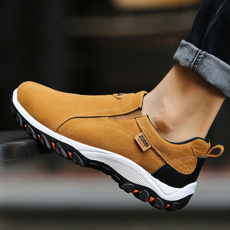 Nuevos zapatos de senderismo sin cordones para hombre, calzado de escalada de cuero PU, suela de goma suave ligera para exteriores, zapatillas para correr, senderismo y caminar