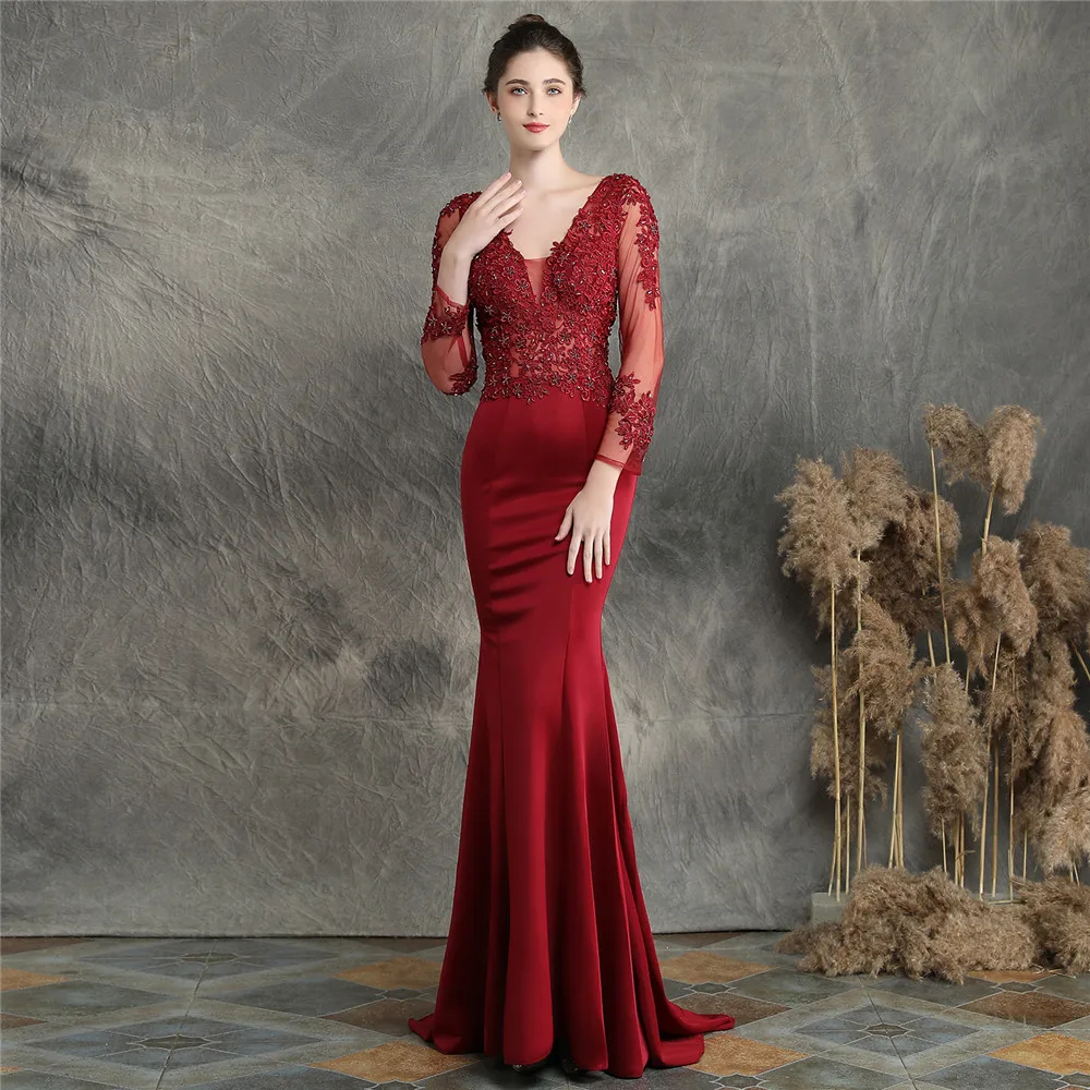 Vestido personalizado de cola de pez con cuentas y apliques hechos a mano de encaje Floral con cuello en V, vestido de manga larga, vestido de noche para fiesta de boda para mujer