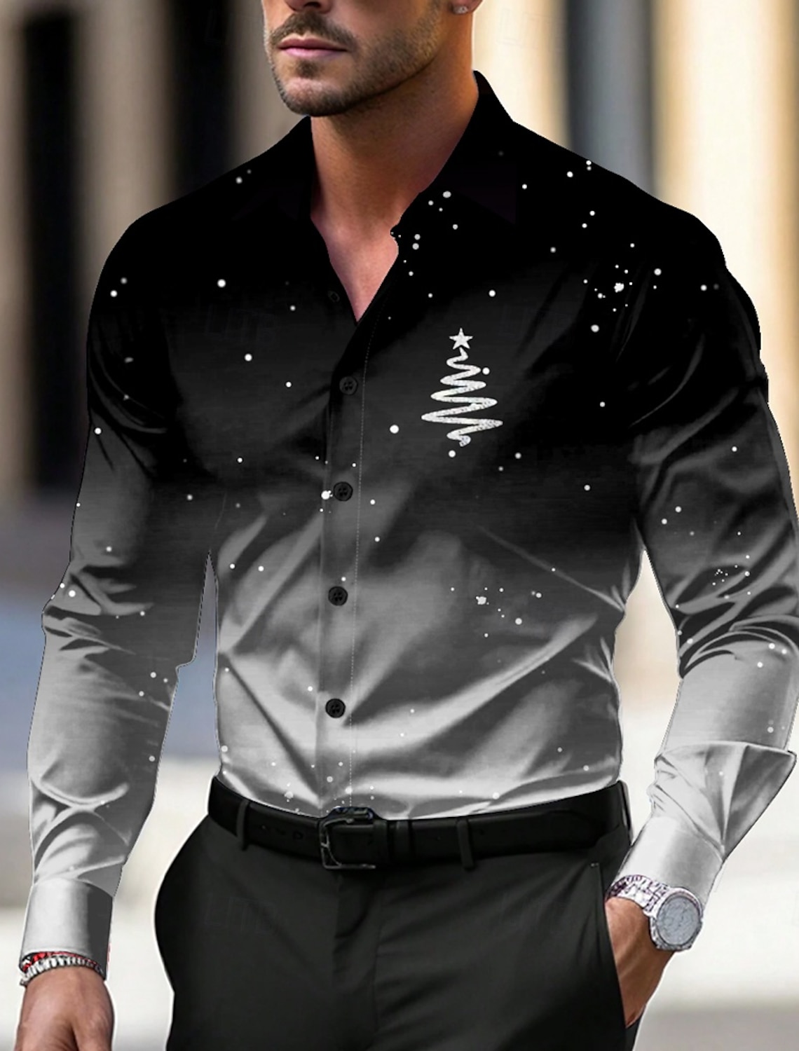 Camisas con estampado de logotipo de árboles de Navidad para hombre con tema navideño, gráficos degradados de copo de nieve, camisas de manga larga con botones, Tops de moda
