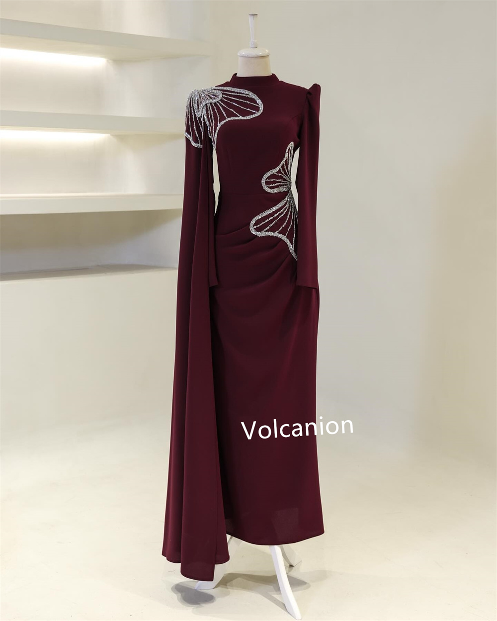 Maßgeschneiderte Chiffon-Muster mit Pailletten, Etui-Linie, hoher Kragen, Midi-Kleider, maßgeschneiderter Anlass, Abschlussball, Party, elegante Qualität