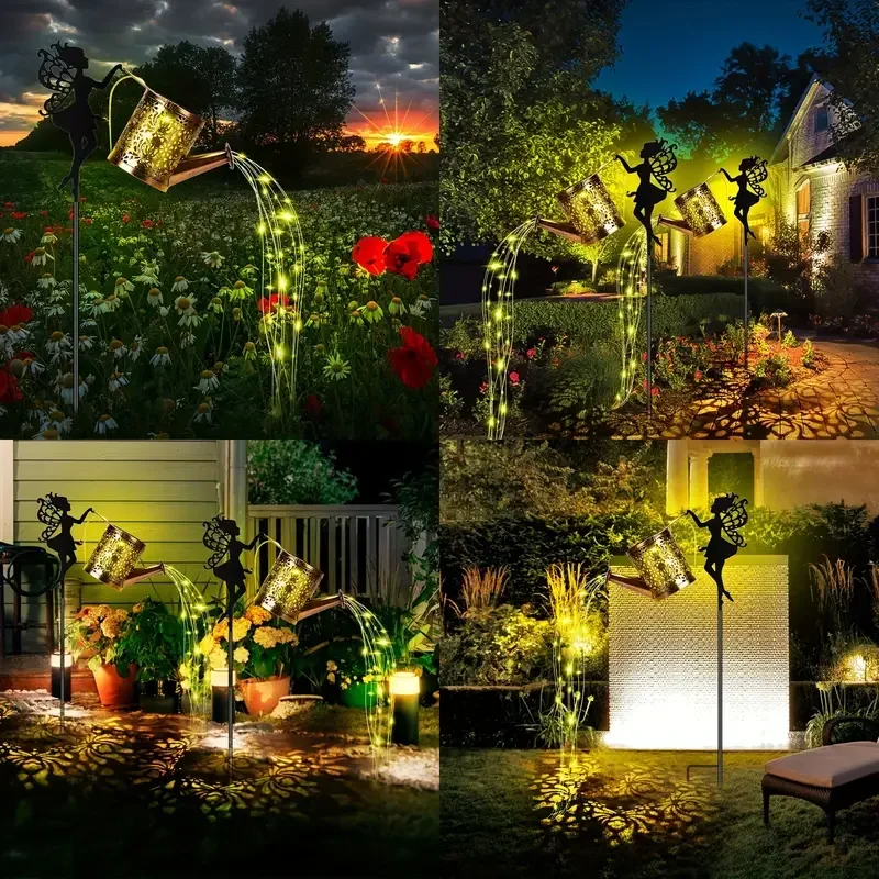 Luzes de fadas de rega movidas a energia solar vintage metal pendurado chaleira lanterna decoração do jardim ao ar livre para quintal pátio villa decoração