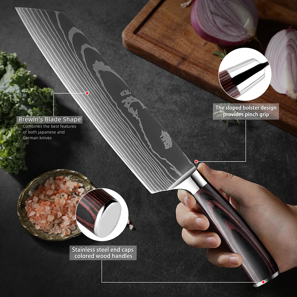 Juego de cuchillos de cocina profesionales, cuchillo de Chef afilado, Santoku, cuchillo de fruta, acero inoxidable, mango de madera ergonómico, 1-9 piezas, 7Cr17Mov
