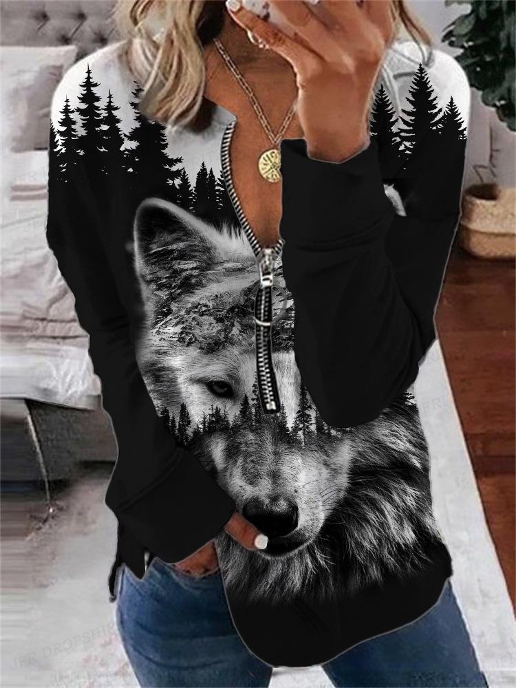 Sudaderas con capucha de lobo para mujer, Sudaderas con cremallera a la moda, Sudadera con capucha de animales Vintage, Sudaderas con cremallera, abrigos de cuello redondo de gran tamaño para mujer