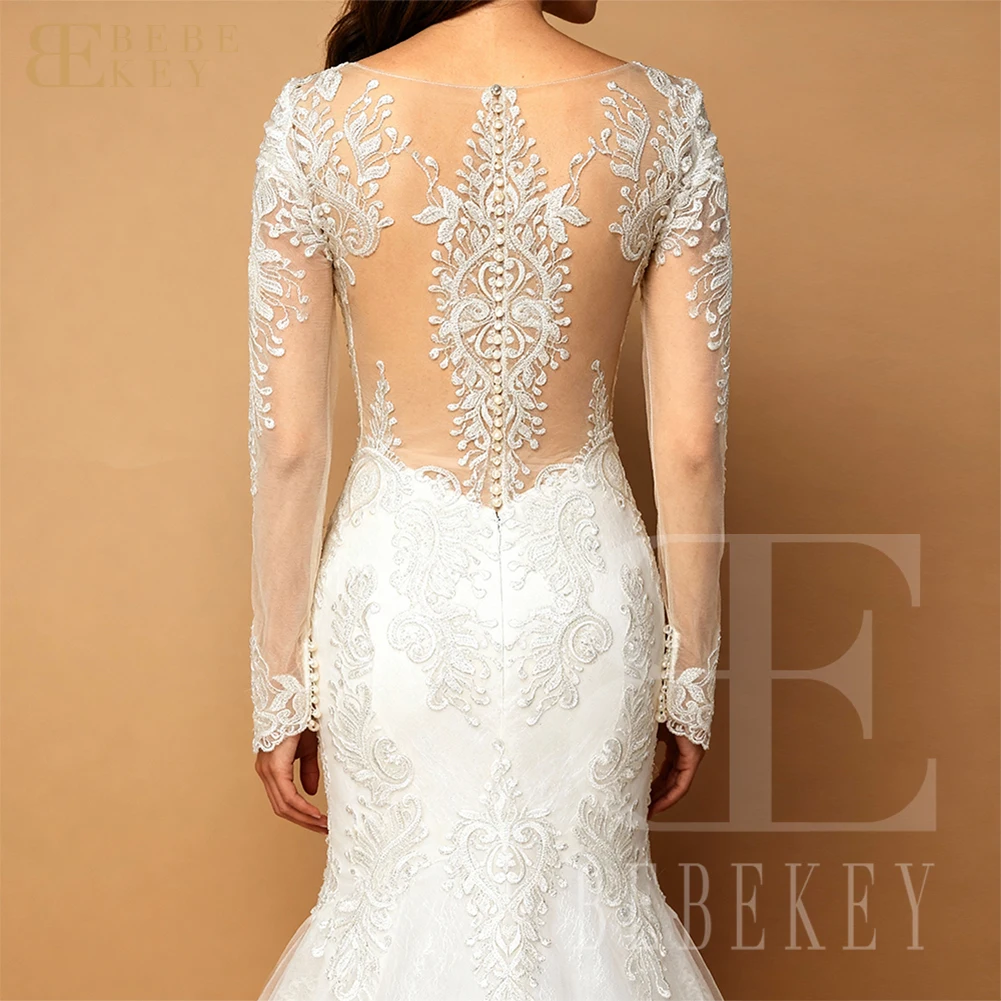 BEBEKEY Abito da sposa da donna in pizzo a maniche lunghe con scollo rotondo e strascico a cappella, abito a sirena per abito da festa di nozze