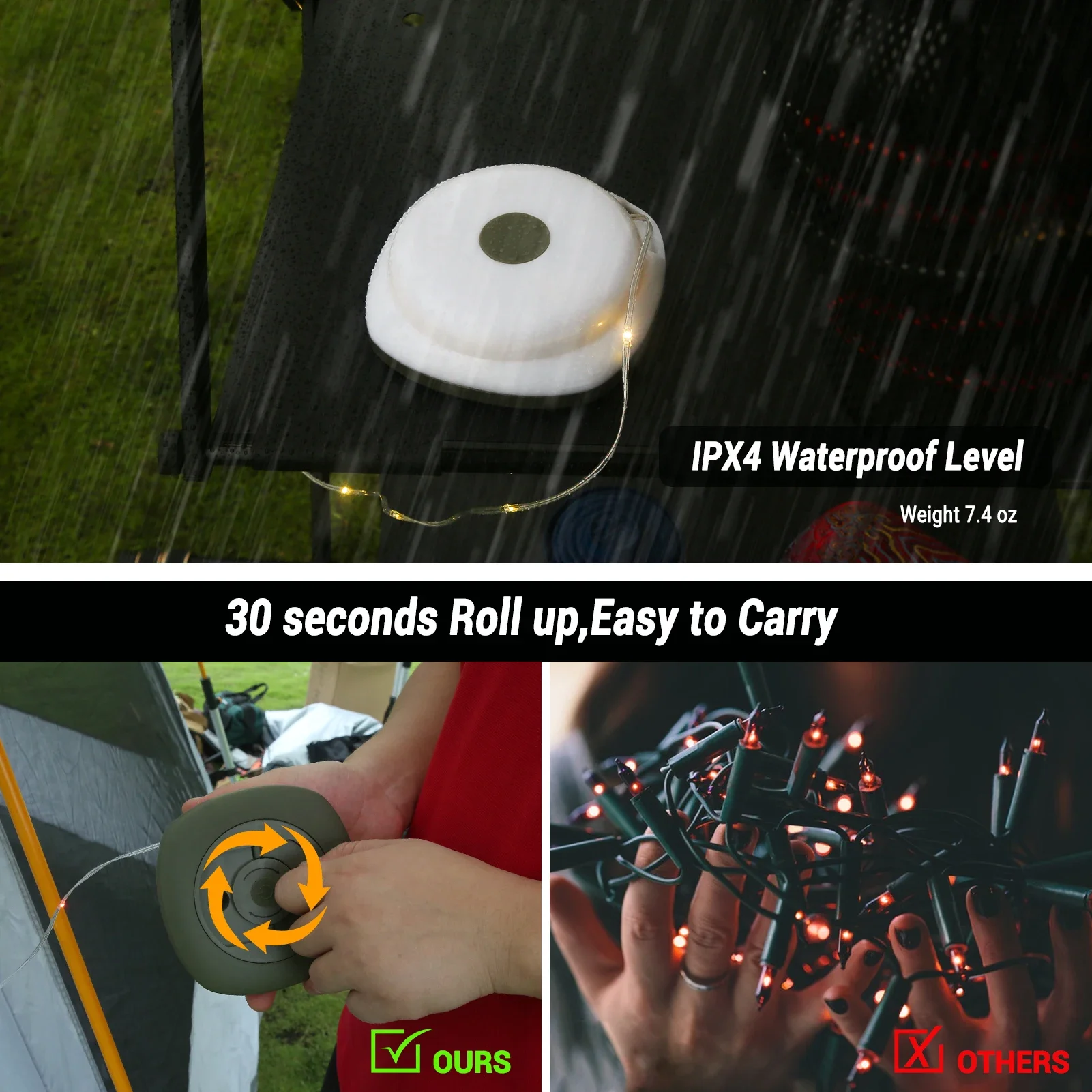 Camping String Lights,33Ft Light with Lanterns (2 in 1 Design),Camping Lights 2000mAh,IPX6 Waterproof,Rechargeable Flashlights