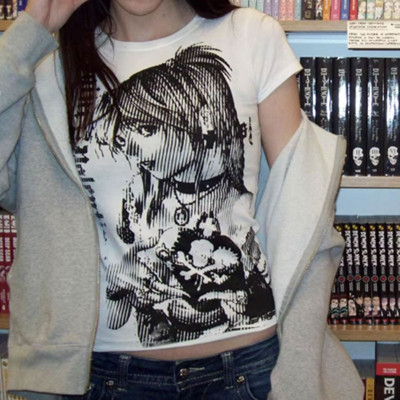 Y2k anime Streetwear O-neck 90s nadruk tekstowy topy damskie ubrania w stylu Harajuku prosta koszulka w stylu vintage estetyczna emo koszulka na co dzień