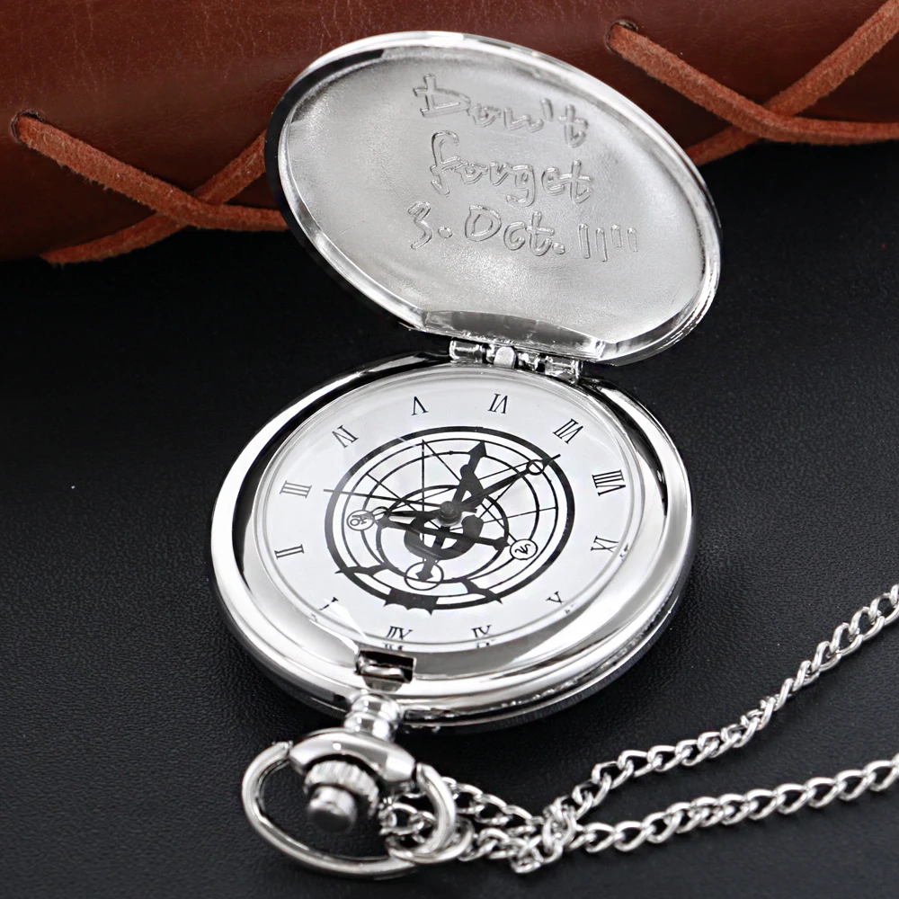 Reloj de bolsillo de cuarzo con tema de alquimia de plata lisa con cadena para hombres y mujeres, colgante Retro Steampunk, collar, reloj Cf1217