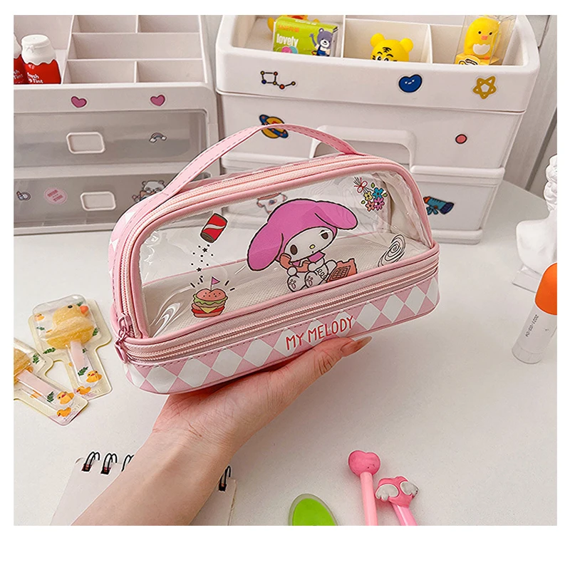 Kawaii cartoon Hellokity Kuromi large capacity transparent double-layer pencil case cartoon cute cinnamon stationery pencil case