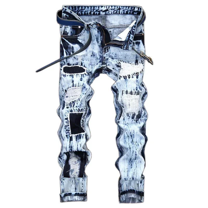 Herren bestickte Patchwork zerrissene Jeans (ohne Gürtel) schlanke Mode High Street Motorrad Denim Hosen männliche Designer-Kleidung
