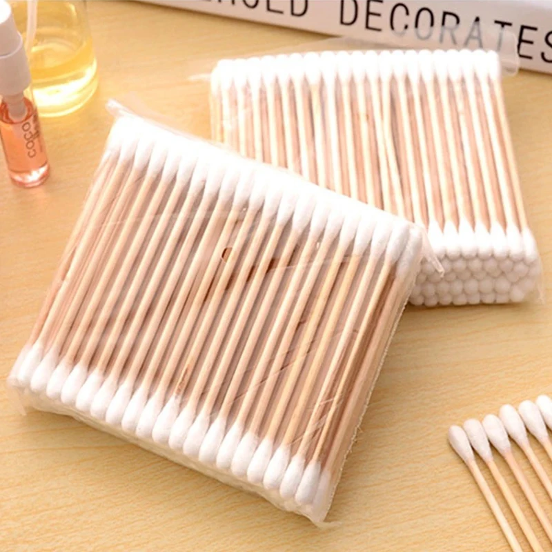 500 Uds. Hisopo de algodón de madera de doble cabeza limpieza de nariz y oídos herramientas de maquillaje para mujeres Lipstik bastoncillos de punta de bastoncillos Oidos