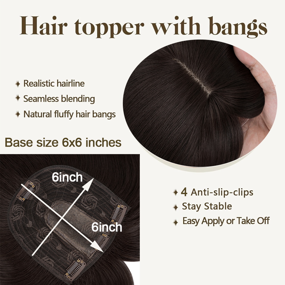 Benehair toppers de cabelo com franja, 14 ''18'', para mulheres, sintético, 6x6, postiços superiores, perucas longas, clipe reto na extensão do cabelo