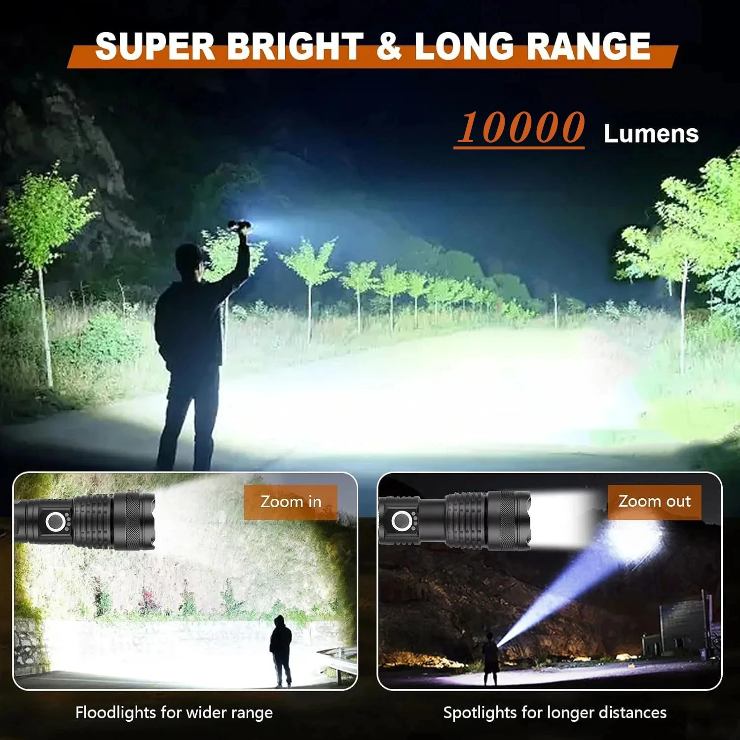 Linterna LED de alta potencia recargable 5 modos aleación de aluminio linterna con Zoom telescópico lámpara táctica para acampar al aire libre pesca