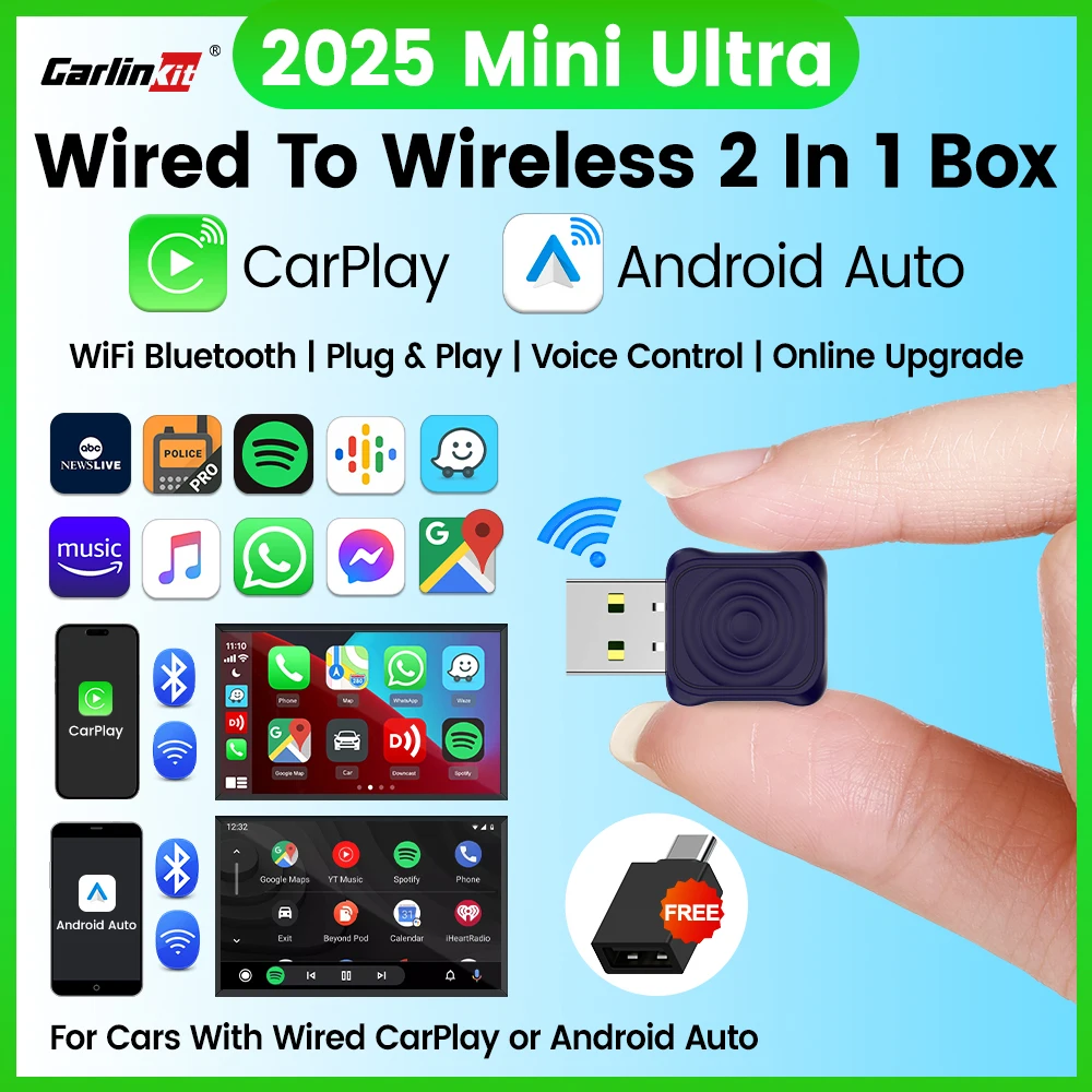 CarlinKit 5,0 Mini adaptador Ultra inalámbrico CarPlay inalámbrico Android Auto para coche OEM Plug and Play WiFi Bluetooth conexión automática