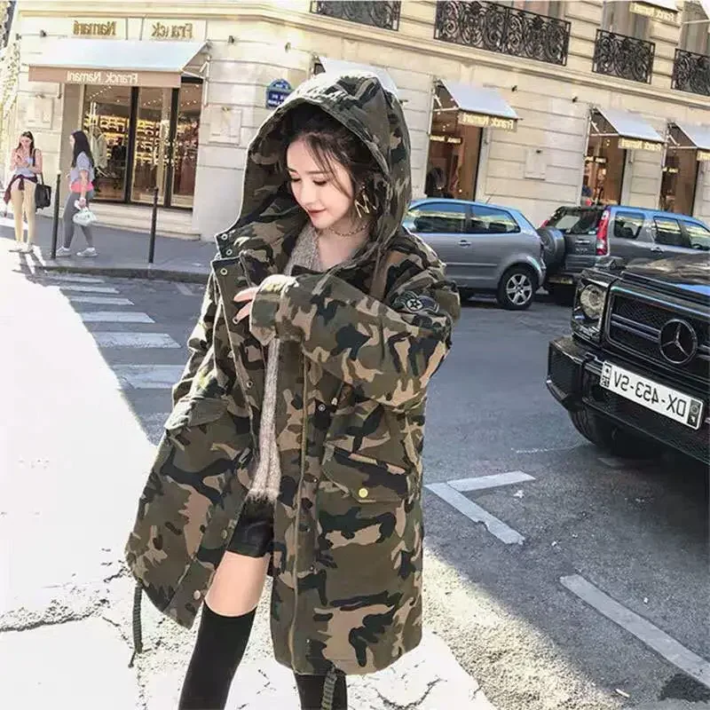 2023 inverno nova camuflagem algodão parkas para mulheres engrossado estilo longo moda versão coreana carga algodão acolchoado casaco roupas