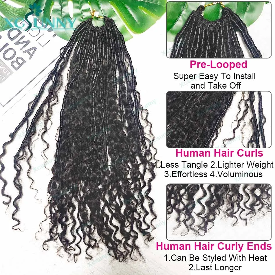 โครเชต์ Boho locs กับเส้นผมมนุษย์หยิกก่อน looped โครเชต์ผมหยิกเจอร์รี่ปลายเส้นผมมนุษย์สำหรับผู้หญิงสีดำสังเคราะห์ locs