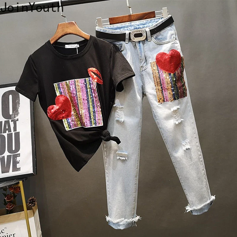 Joinyouth 2023 ファッションセットシックなスパンコール白 Tシャツ + ハイウエストリッピングジーンズスーツ Roupas ファム韓国パンツ 2 点セット女性