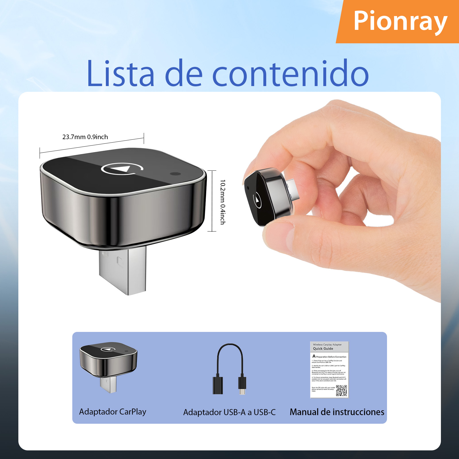 2026 Pionray Adaptador 2 en 1 Inalámbrico para CarPlay y Android Auto, WiFi de 5 GHz, USB-C/USB, Conexión Rápida