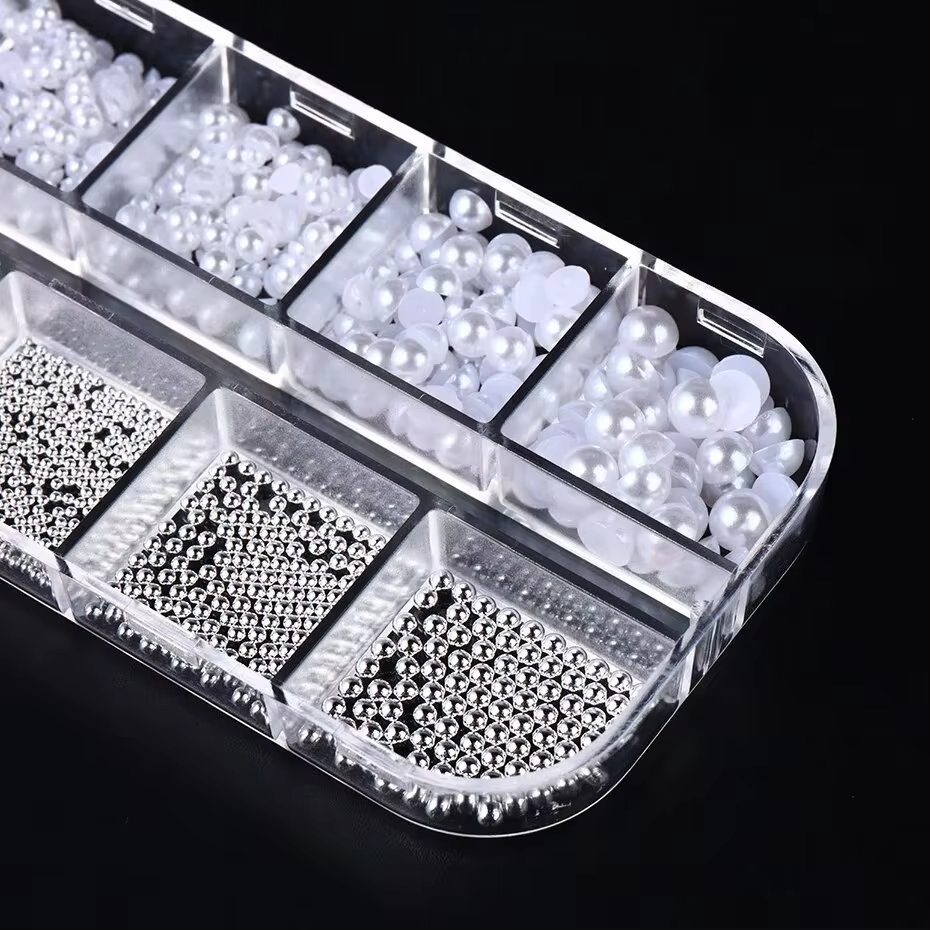 12 グリッドホワイトパールネイルチャームキャビアビーズ装飾ハーフパールネイルジュエリーパーツ DIY 装飾品マニキュアアクセサリー