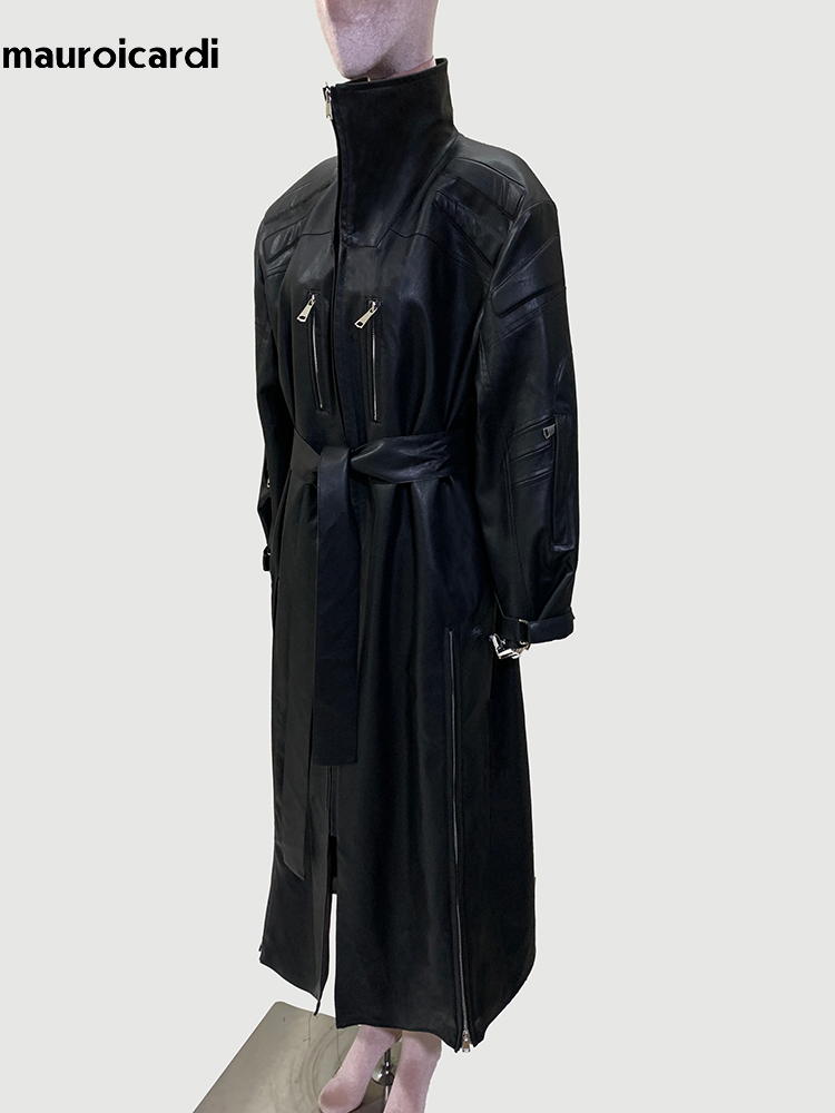 Mauroicardi Frühling Herbst Extra langer, kühler, schwarzer, wasserdichter Pu-Leder-Trenchcoat für Damen, Schulterpolster, Reißverschluss-Mantel 2024