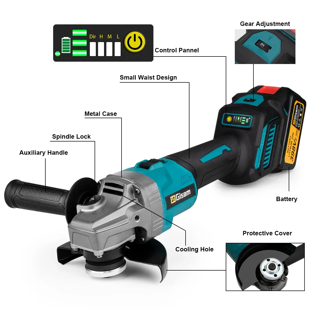 Gisam 125mm M14 Brushless Angle Grinder 7 Gears Cordless Grinding Machine Cutting Woodworking Power Tools For Makita 18V Battery