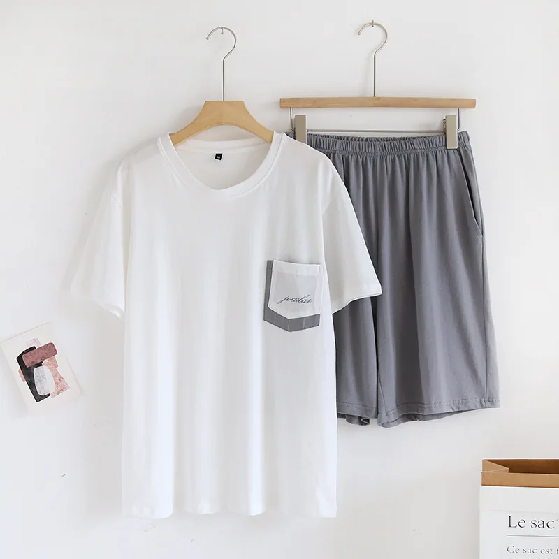 Japanischer Sommer neuer Herren-Pyjama, kurzärmelige Shorts, zweiteiliges Set, 100 % Baumwolle, gestrickt, Heimkleidung, dünn, lässig, großes Set