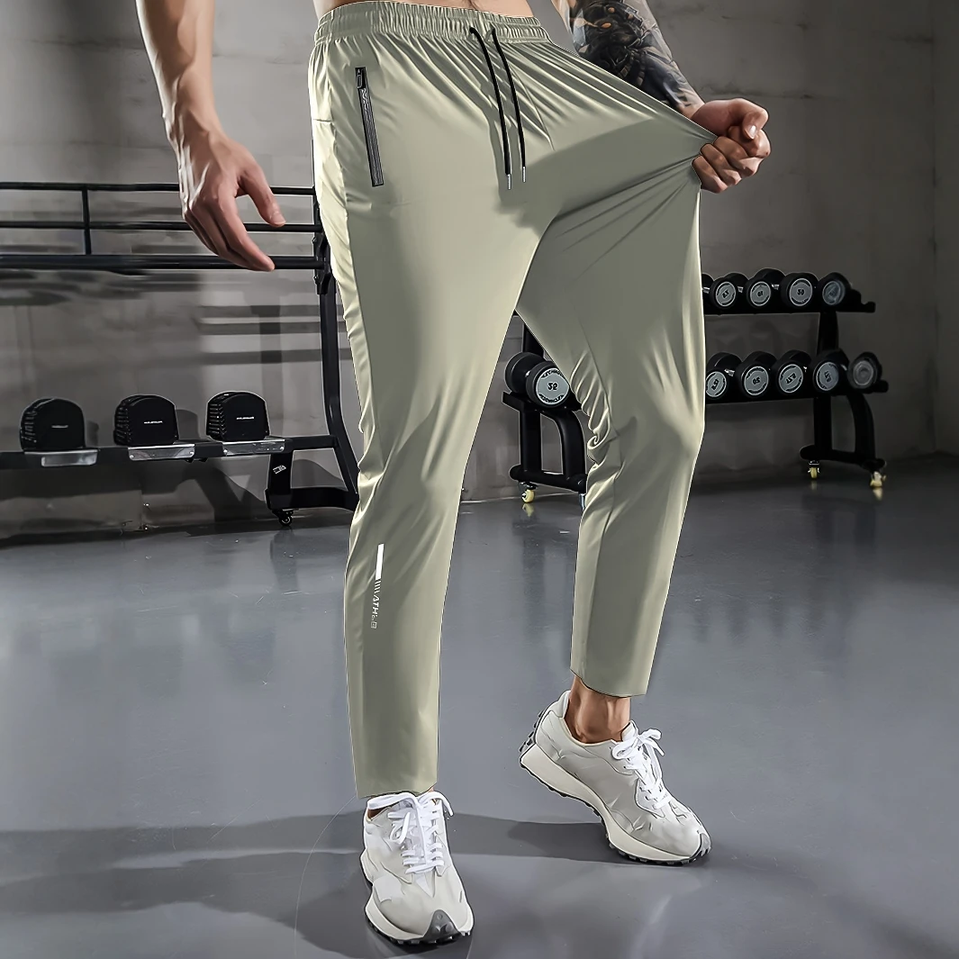 [Home-Entspannung] Lässige Sporthose für Herren, hochelastischer gewebter Stoff, einfarbig, normale Passform mit Kordelzug an der Taille und Reißverschluss