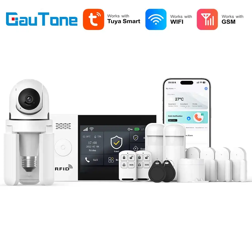 GauTone TUYA WiFi 4G GSM System alarmowy dla inteligentnego bezpieczeństwa w domu z bezprzewodową syreną słoneczną PIR Obsługa pilota Tuya
