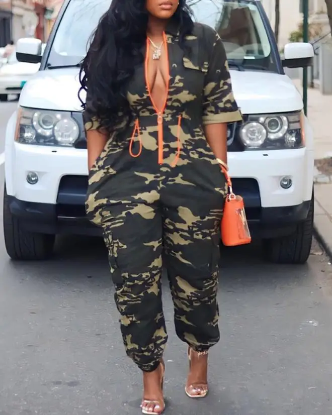 Monos de moda para mujer, mono informal de una pieza con estampado de camuflaje y bolsillo con cremallera, ropa de calle Y2K, verano 2025