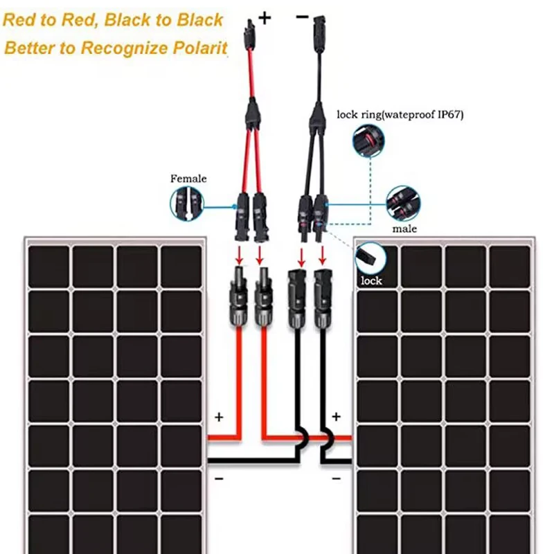 Power Solar Connectors 30A Y-Zweig-Kabel, Solarkabel Paralleladapter im Paar für Solarpanel 1*M/FF+1*F/MM schwarz rot Power