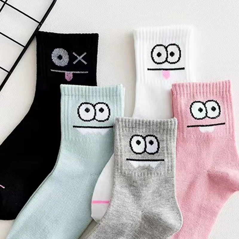 5 pares de calcetines con estampado de expresión linda: cómodos y divertidos calcetines a media pantorrilla, calcetines casuales ricos de algodón para mujer que combinan con todo