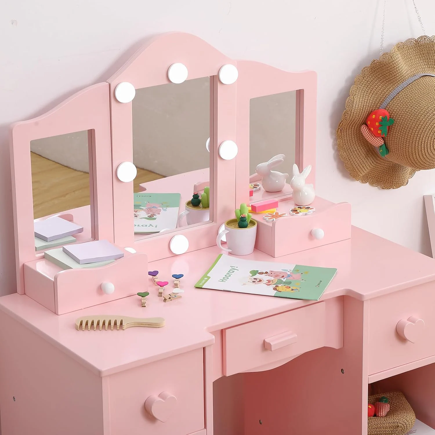 Toeletta per bambini Vanity per ragazze con specchio triplo pieghevole Scaffali aperti Set da gioco per trucco con sedia per bambini piccoli