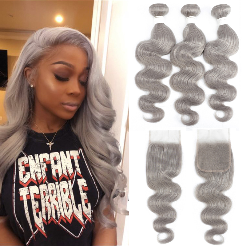 Paquete de ondas corporales con cierre, Color gris plateado, 3 mechones con cierre, cabello humano 100% Remy brasileño, KEMY Hair