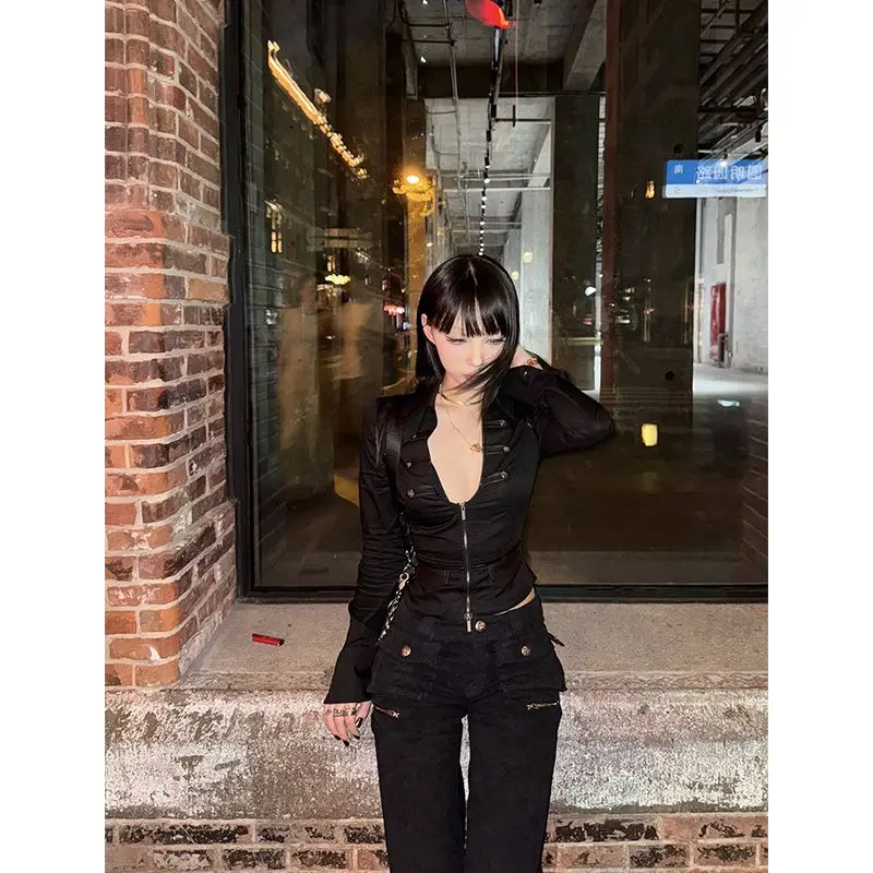 Deeptown Y2k 黒のセクシーなシャツ女性 V ネックコケット原宿アメリカンヴィンテージジップアップブラウススリムギャルカーディガンストリート
