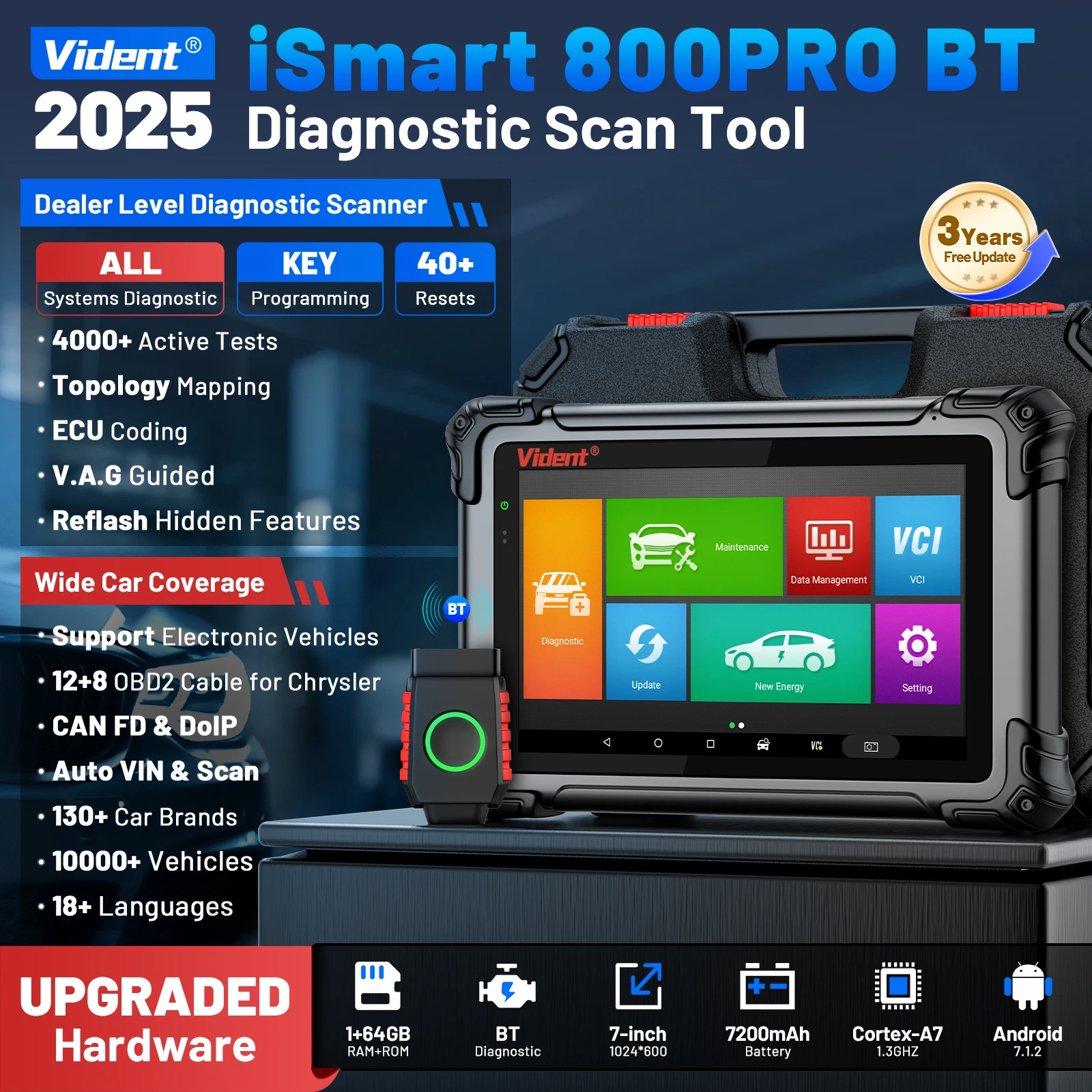 Vident ismart800pro bt scanner de carro todo o diagnóstico do sistema 40 função de reinicialização obdii função completa programação chave fob