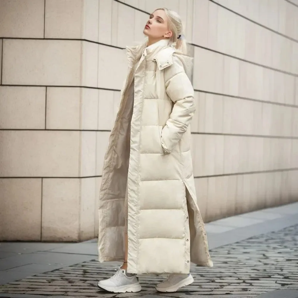 Abrigo de algodón, Parka larga, chaqueta para mujer, Otoño Invierno 2023, abrigos gruesos y cálidos, Parkas de plumón blancas con capucha de tendencia de bloque tejido