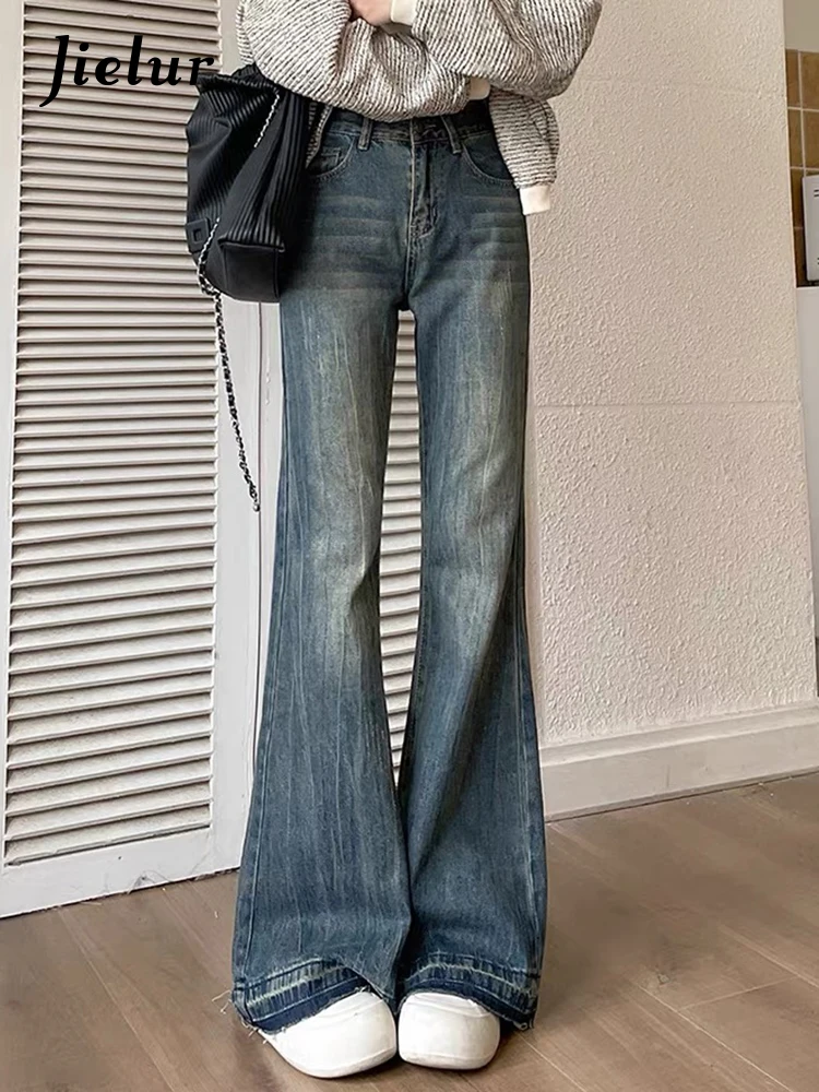 Jielur-pantalones vaqueros ajustados informales para mujer, Jeans de estilo americano, Chic, de oficina, con bolsillos, básicos, color azul, a la moda, para invierno