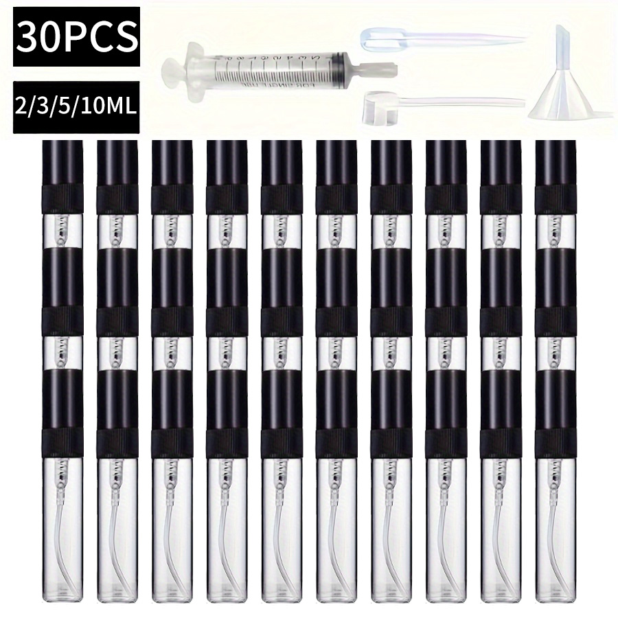30 Uds + 4 accesorios botella de spray de vidrio de 2/3/5/10ML-contiene 30 botellas de spray, 1 embudo, 1 artefacto dispensador, 1 pajita, 1 jeringa