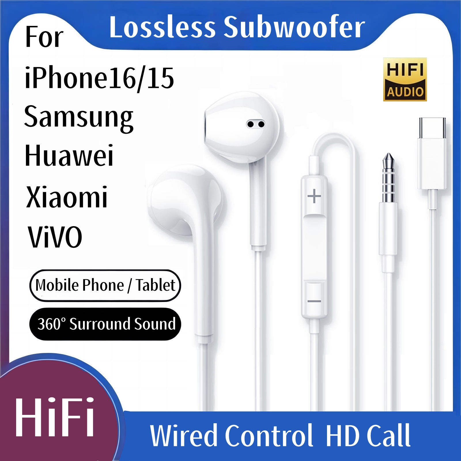 In Ear Earphones Subwoofer With HD Mic Type-C Wired Headset For iPhone15 16 SamsungS24 Xiaomi Huawei VIVO Phone Tablet Headphone