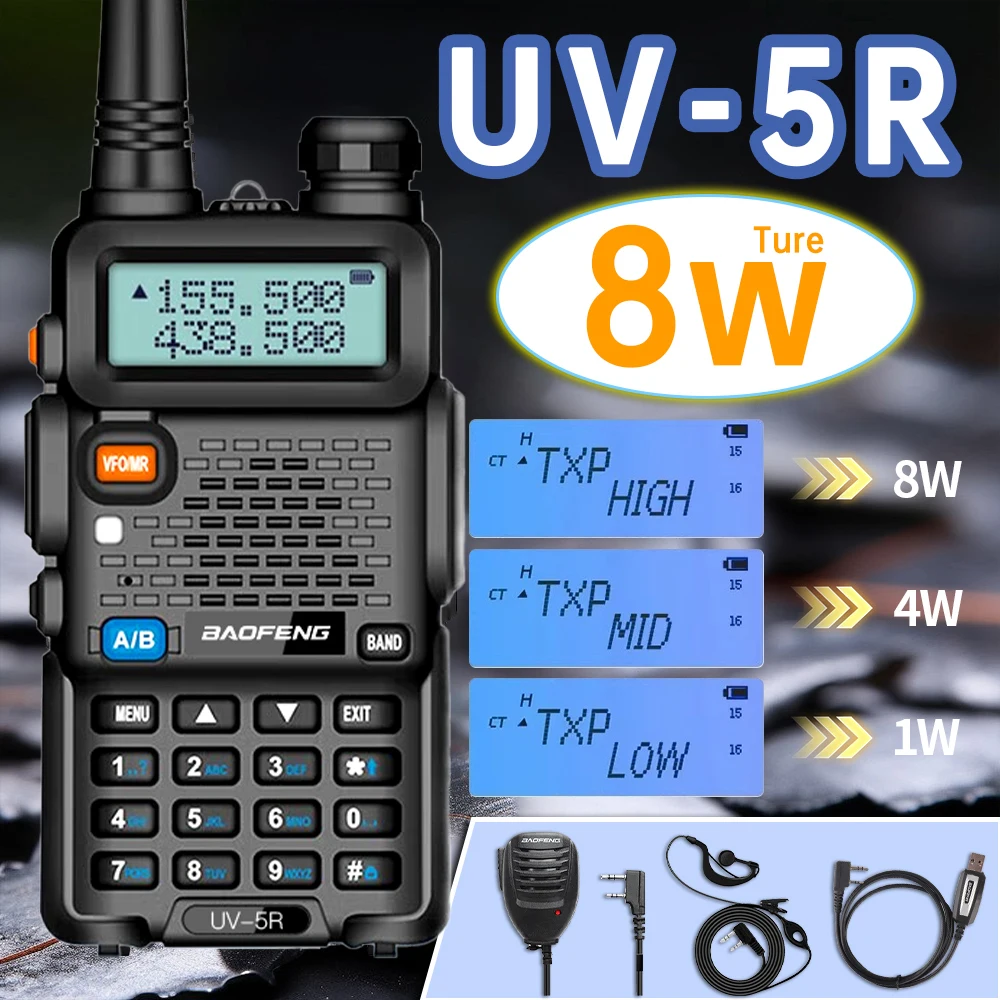 Baofeng UV 5R 8W Walkie Talkie de tres potencia 5W alta potencia UHF VHF doble banda Radio bidireccional Lange asusta 128CH UV de mano 5R