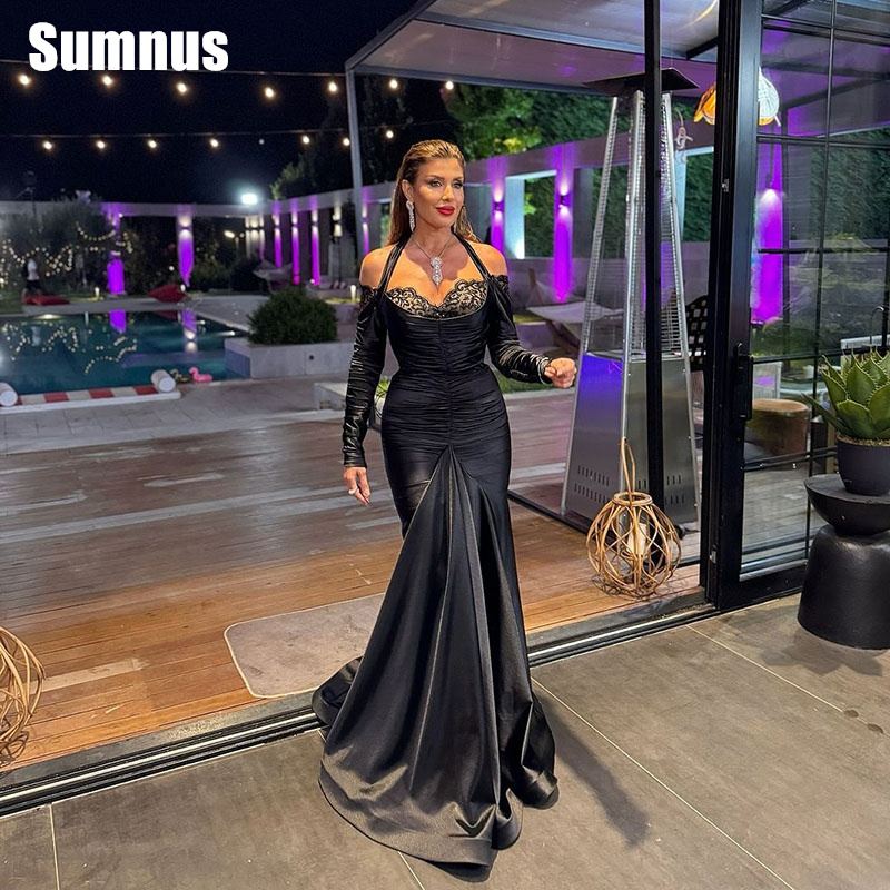 SUMNUS-vestido de fiesta de sirena negro, vestidos de noche elegantes con escote en forma de corazón y cuello Halter, vestidos formales plisados hasta el suelo personalizados
