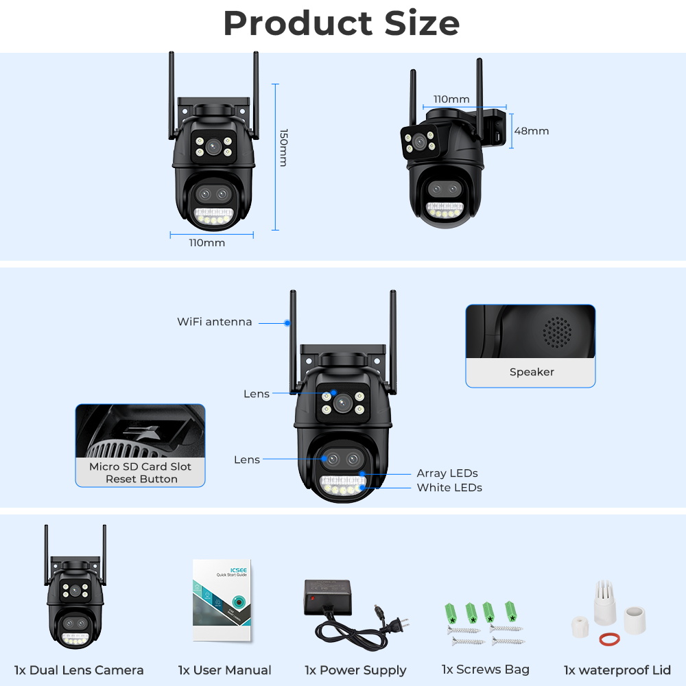 ANBIUX Cámara IP de seguridad para exteriores, videocámara PTZ de 12MP, 6K, HD, WiFi, Zoom 8x, tres lentes, pantalla Dual, seguimiento automático, videovigilancia, 8MP