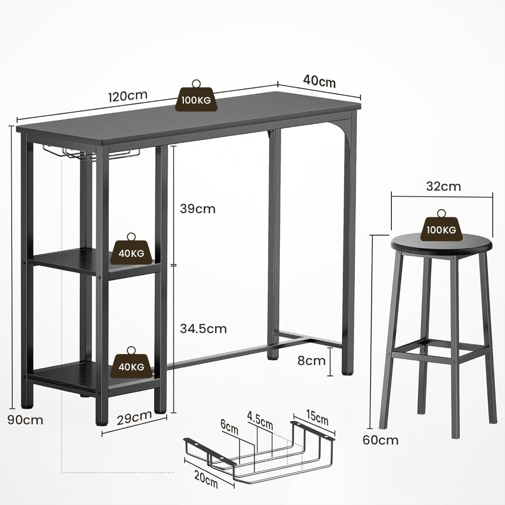Juego de mesa alta para bar con 2 taburetes – Mesa alta para cocina o salón con 2 estantes y soporte para botellas de vino (negro)