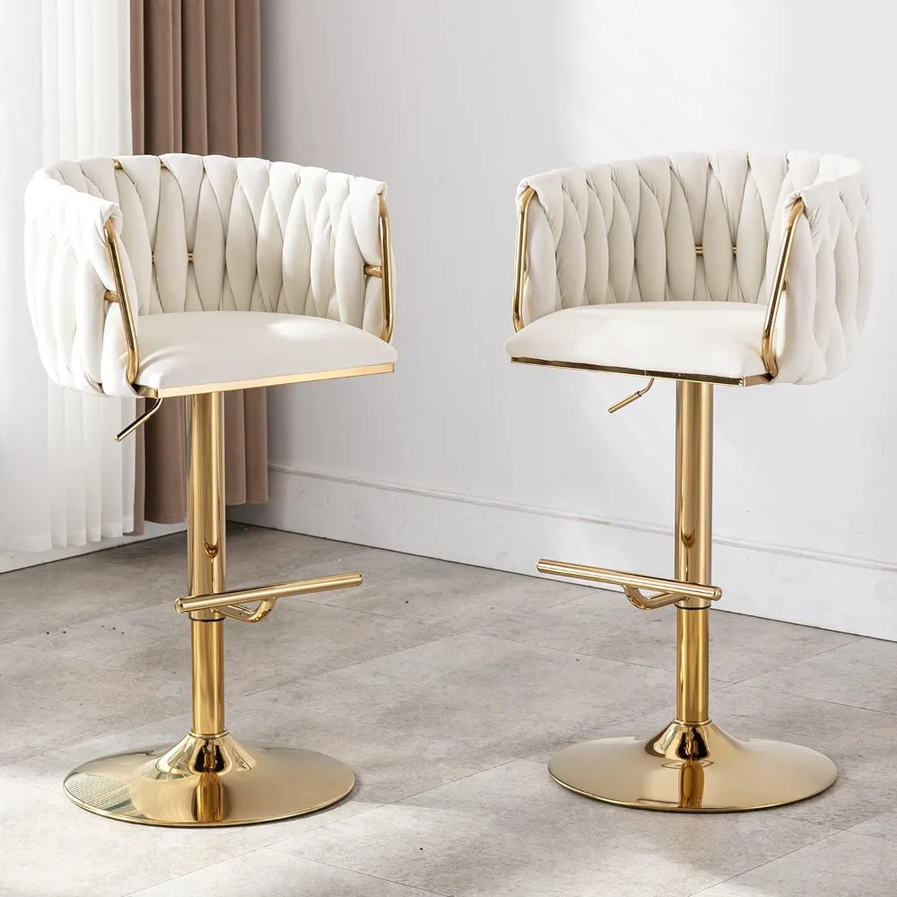 Modern Swivel Bar Stools Set of 2, Velvet Adjustable Height Barstool with Barrel Back Kitchen Island Counter Bar Chair with Gol