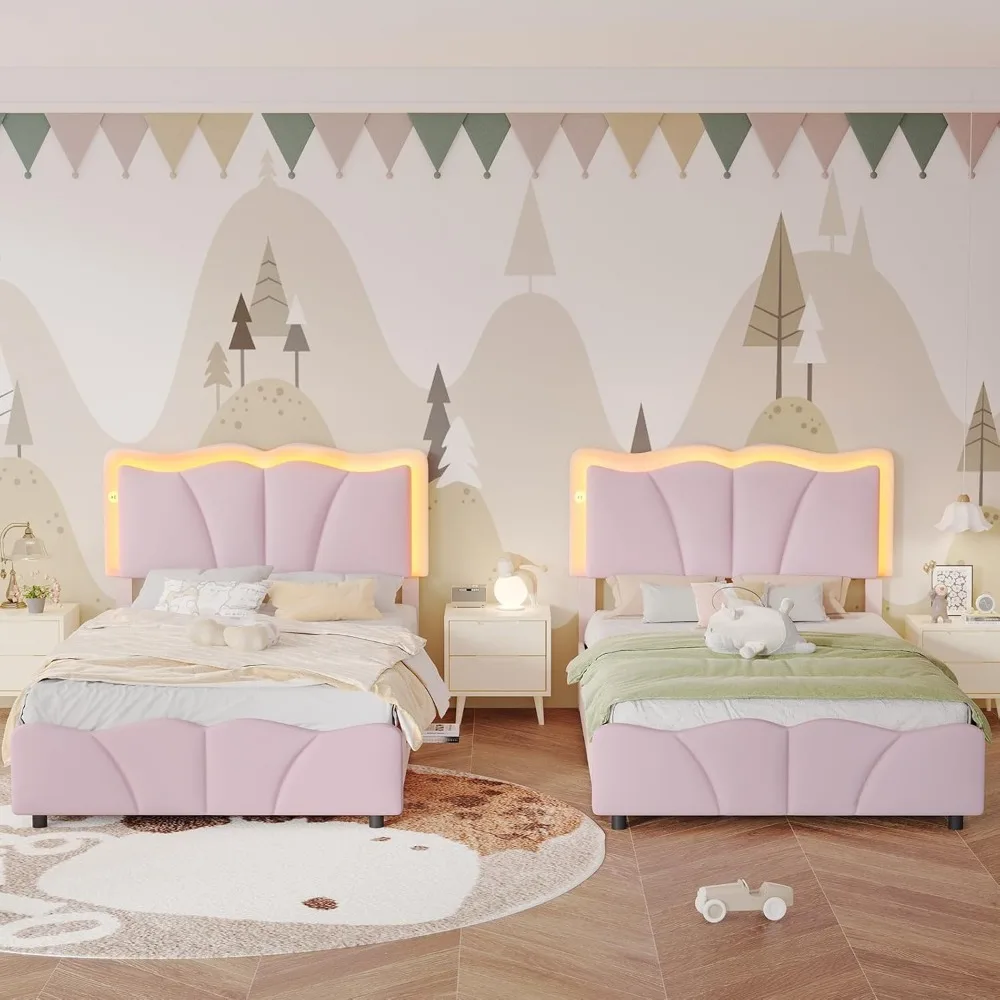 Twin Bed Frame with 4 Storage Drawers & Charging Station,Upholstered Led Flower Twin Bed with Adjustable Headboard , Pink