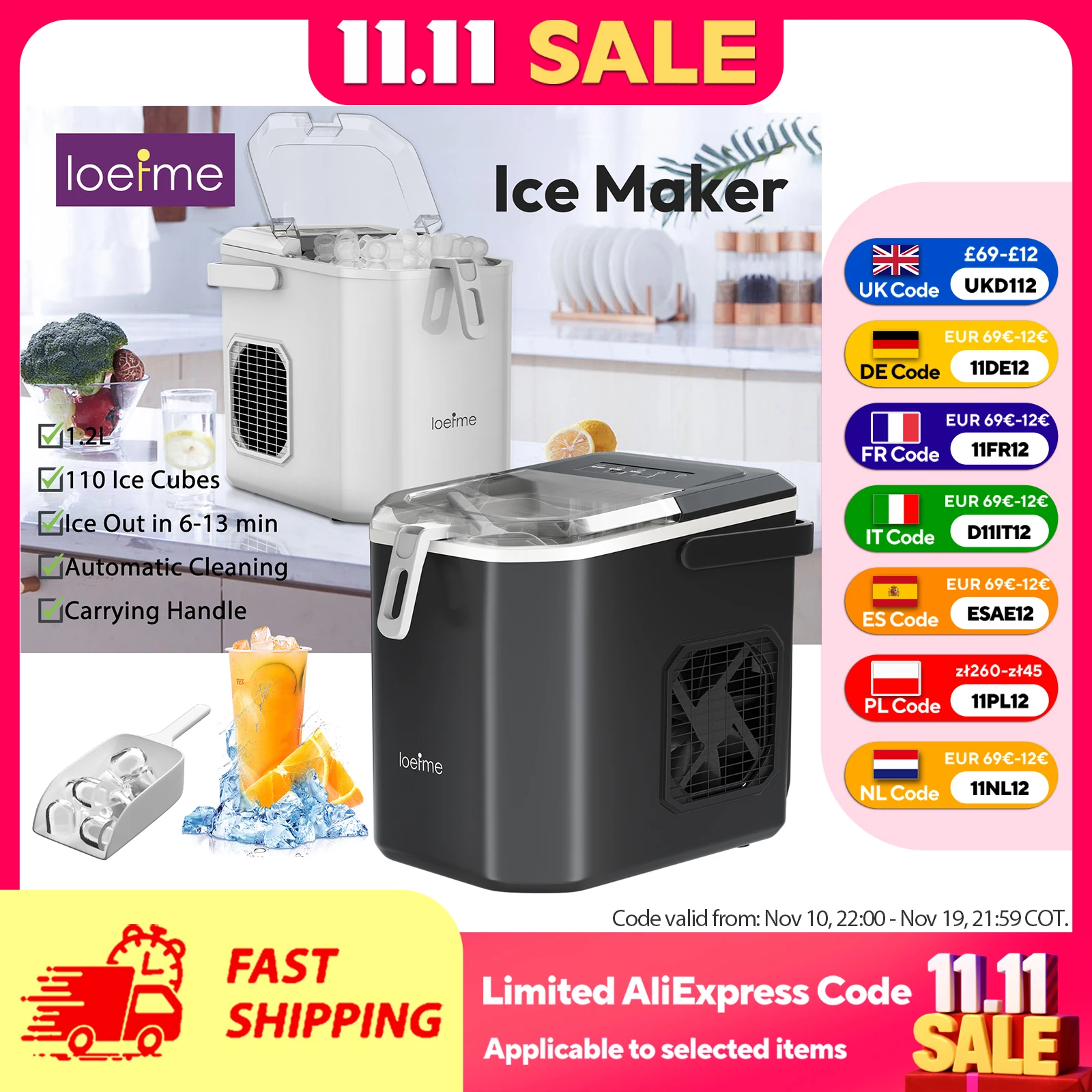 Loefme Ice Maker Cubes Machine Small Automatic Cleaning Bullet Shaped Ice Makers Fast Ice Making For Households Caffee Camping