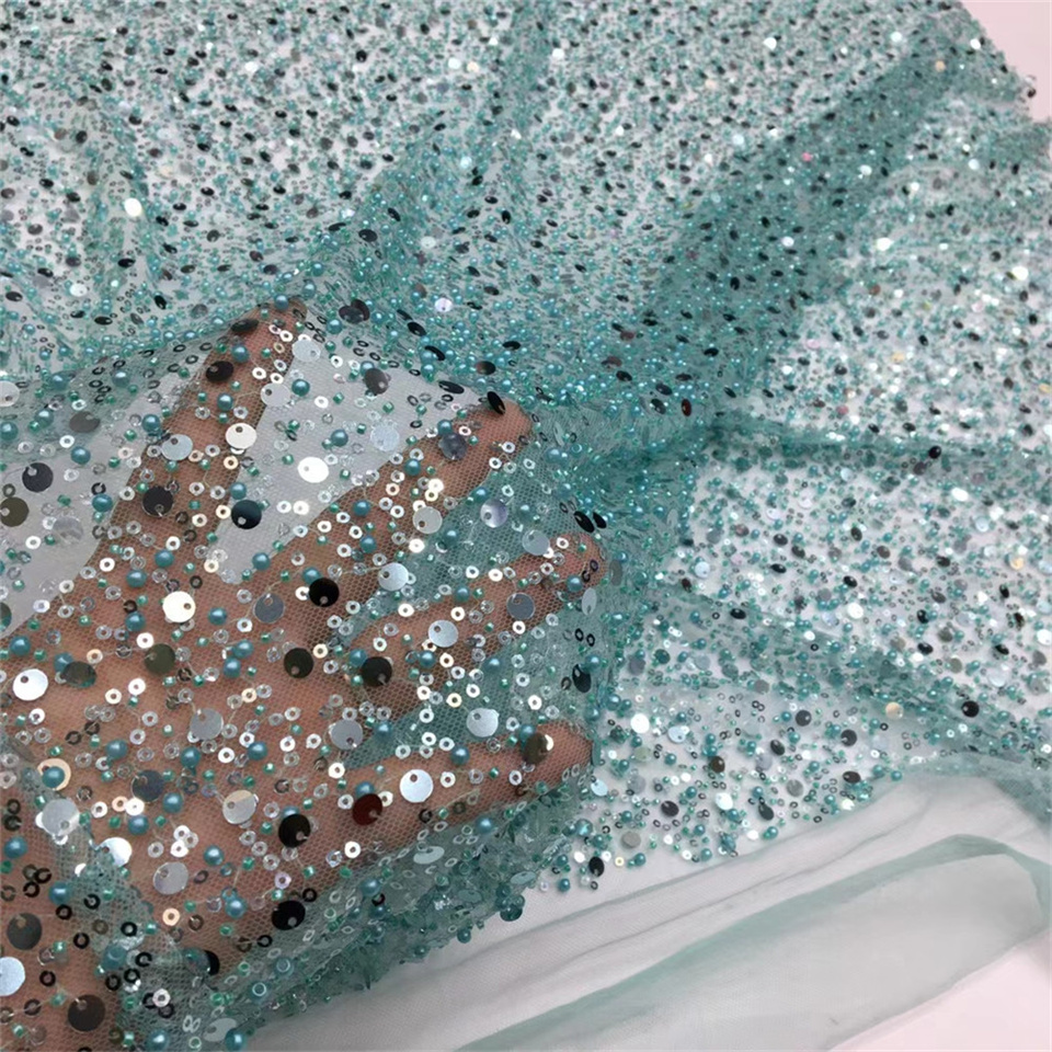 アフリカンヘビービーズレース生地ナイジェリアキラキラ、フレンチチュール、結婚披露宴用高級素材、高品質、5ヤード、2024