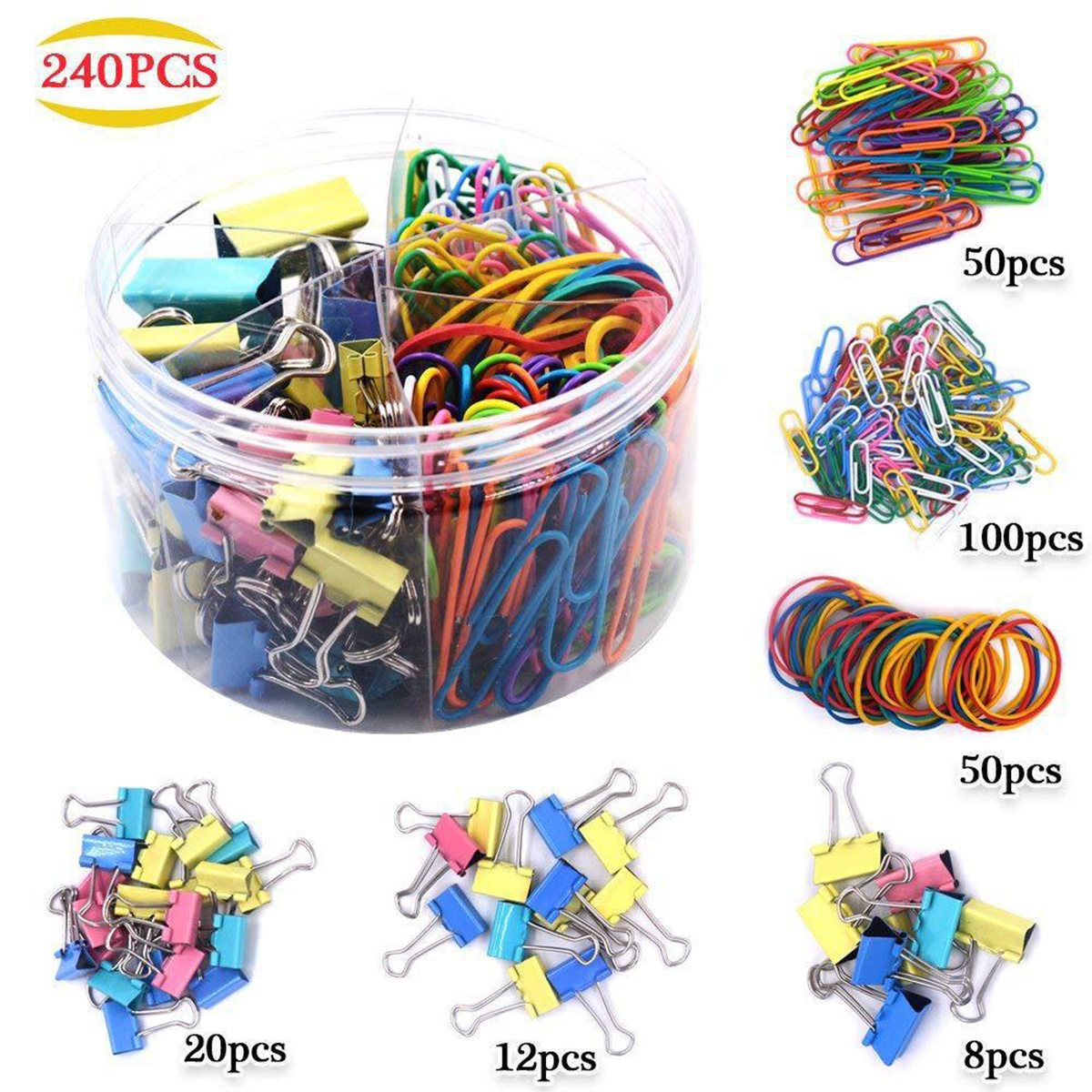 Set di clip per ufficio a colori per raccoglitori di graffette da 240 pezzi, materiale scolastico e per ufficio di dimensioni multiple, smistamento di documenti con elastico