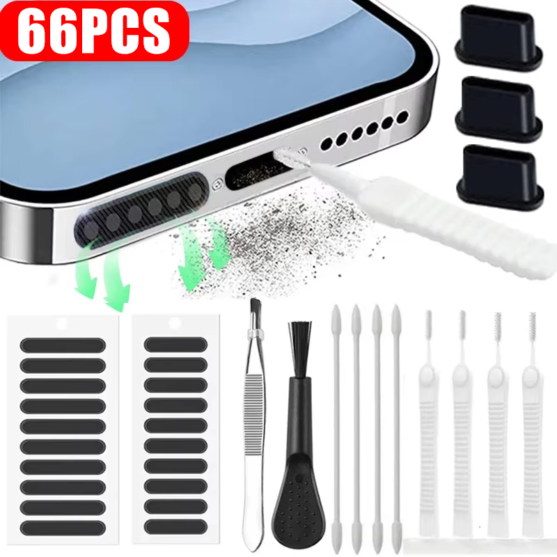 66PCS Mobile Phone Speaker Charging Port Cleaning Set Dust Plug for iPhone 17 16 14 Earphones Clean Kit Brush for Samsung Xiaomi