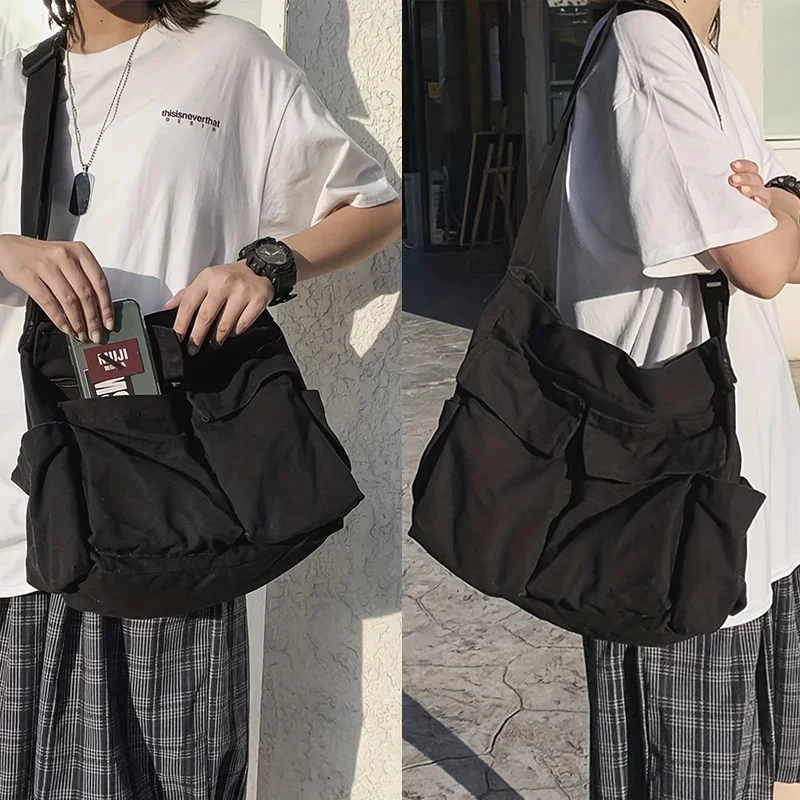 Bolsa mensageiro escolar feminina, bolsa de ombro de designer sólida, grande capacidade, casual, de lona, bolsa de ombro feminina